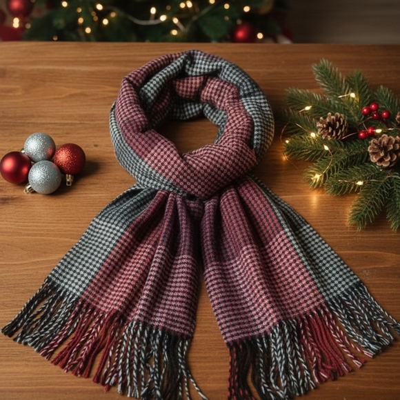 Clara Clark Accessories - Clara Clark Elegant Red and Gray Houndstooth Scarf